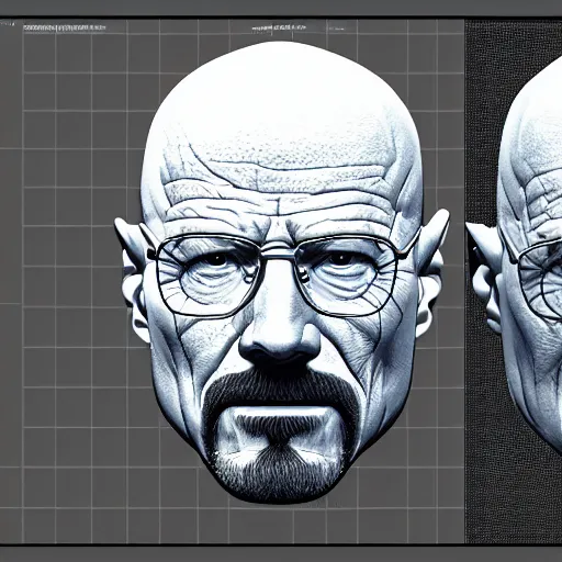 Image similar to 3 d modelling reference of walter white video game character. free download for artists. front and side view blueprint.
