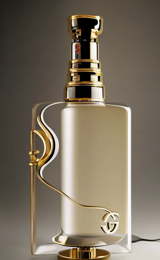 Prompt: a table lamp designed by gucci in the style of a perfume bottle, advertising photography