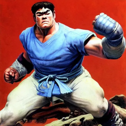 Image similar to ultra realistic david koechner as ryu from street fighter, painting by frank frazetta, 4 k, ultra realistic, highly detailed,