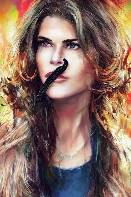 Image similar to mix of beautiful young maria shriver, mariel hemmingway, brooke shields, nicole kidman and elle macpherson as a dominatrix, thin lips, hair tied up in a pony tail, dark blonde hair, colorful, deviantart, artstation, cgsociety