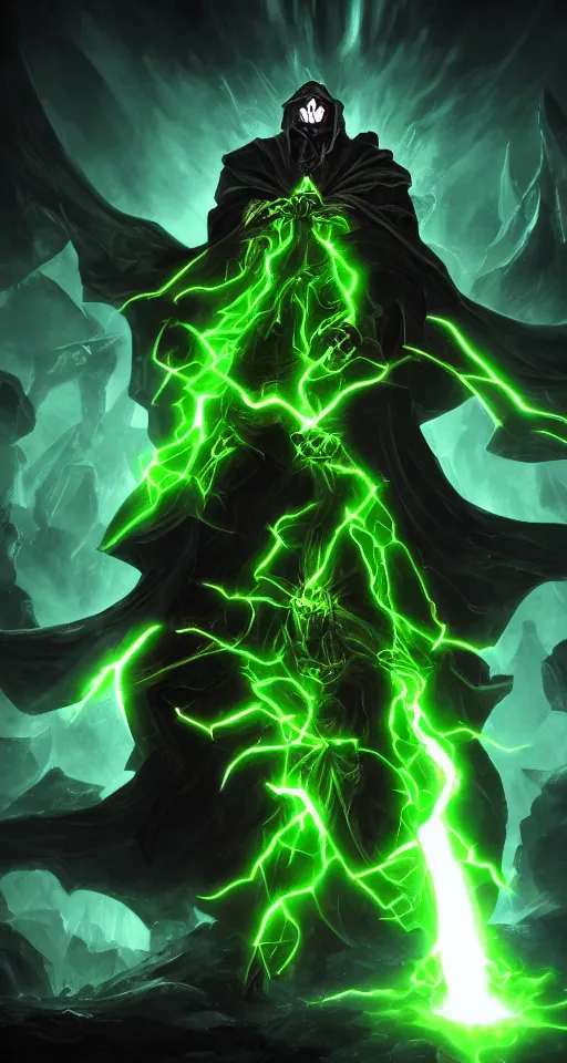 Image similar to illustration of dark priest holding green lightning, black halo, evil, power, green mist, scary, photorealistic, unreal engine, hellish background , Mtg , Dnd ,