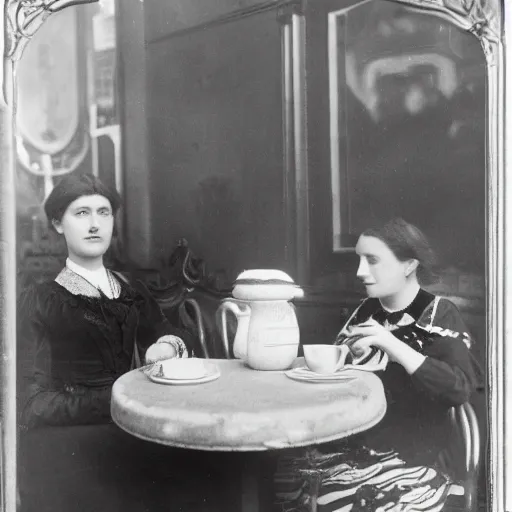 Image similar to a black and white photograph of two young edwardian women sitting in a cafe in paris