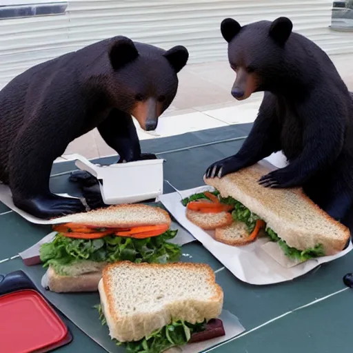 Prompt: two bears making sandwiches