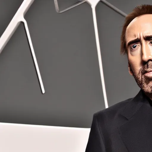 Image similar to nic cage viewing a minimalist logo for a dating app only for nic cage on his computer, corporate phone app icon