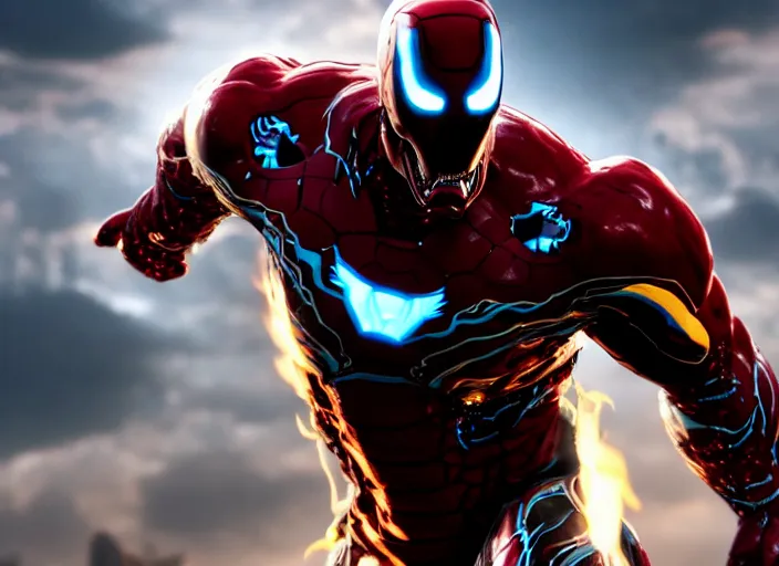 Image similar to venom fused with iron man, ultra realistic 4 k unreal engine very cinematic render with ray tracing bloom ambient occlusion strong reflections