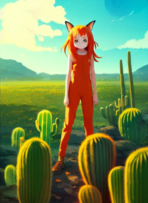 Image similar to portrait of cute redhead girl in orange jumpsuit with fox ears, holding a cactus, cloudy sky background lush landscape illustration concept art anime key visual trending pixiv fanbox by wlop and greg rutkowski and makoto shinkai and studio ghibli