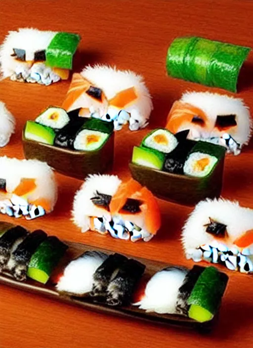 Image similar to clear photorealistic picture of adorable cats made out of sushi