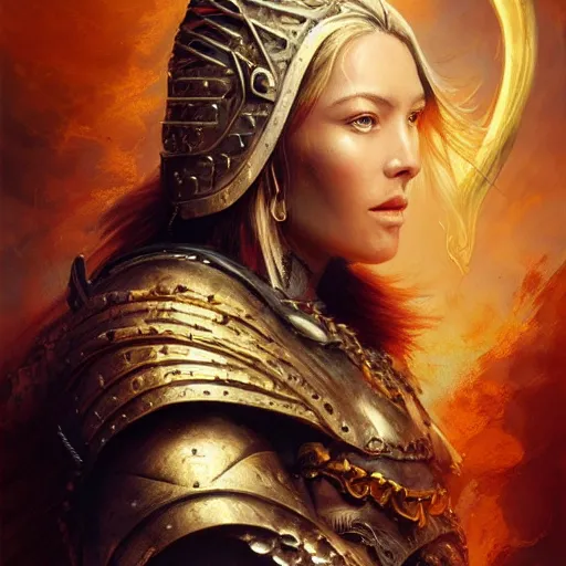 Prompt: portrait of a majestic fierce viking woman, highly detailed, gold plated armor, cinematic, 8 k, 1 0 8 0 s, by stanley artgermm, tom bagshaw, greg rutkowski, vincent di fate, carne griffiths, ayami kojima, trending on deviantart, hyper detailed, full of color, digital art,