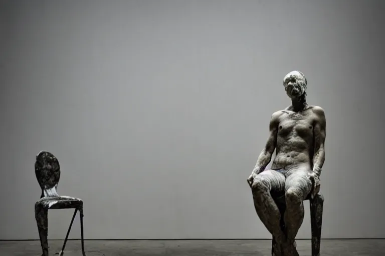 Image similar to a sculpture of a person sitting on top of a chair, a marble sculpture by nicola samori, behance, neo - expressionism, marble sculpture, apocalypse art, made of mist