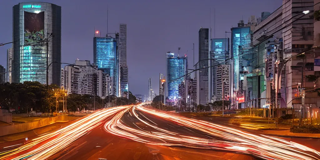 Image similar to Avenida Paulista at night, Sao Paulo city, with a full view of MASP, cyberpunk, very detailed, digital art