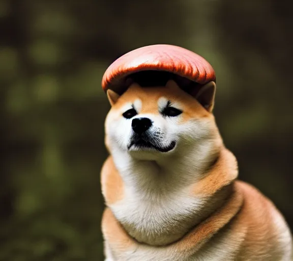 Image similar to a portrait of shiba inu with a mushroom cap growing on its head by luis royo. intricate. lifelike. soft light. sony a 7 r iv 5 5 mm. cinematic post - processing