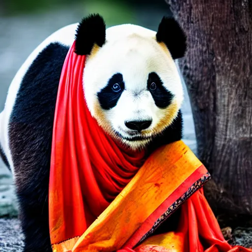 Prompt: an animal Panda wearing traditional indian saree, sony a7, photo realistic, 8k