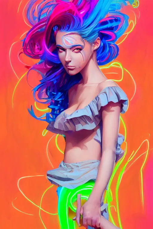 Image similar to a award winning full body portrait of a beautiful woman with stunning eyes in a one off shoulder croptop and cargo pants with rainbow colored hair, outlined by whirling illuminated neon lines and fine lines swirling in circles by jesper ejsing and rhads and makoto and shinkai and lois van baarle, digital art, trending on artstation