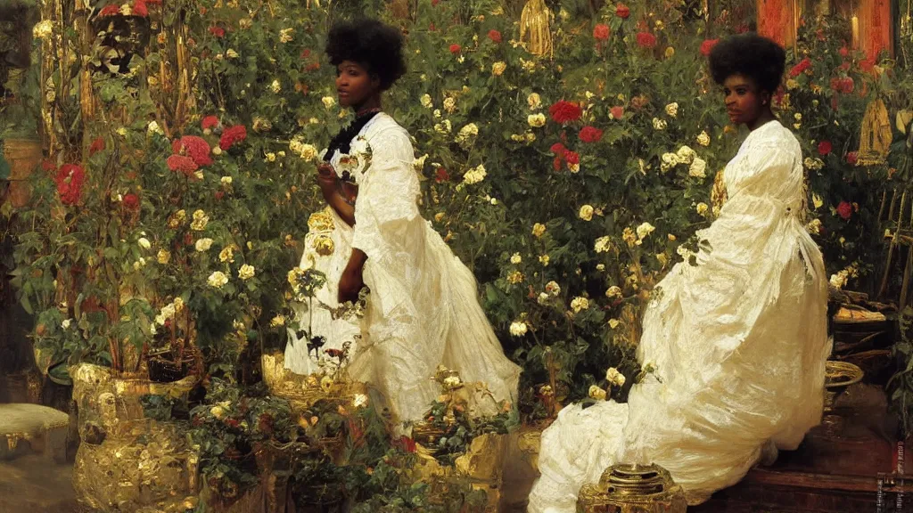 Image similar to high quality high detail painting by ilya repin, black woman in a white room with many plants, intricate costume design, orientalist, partially gold, ornate, elite, luxury, hd