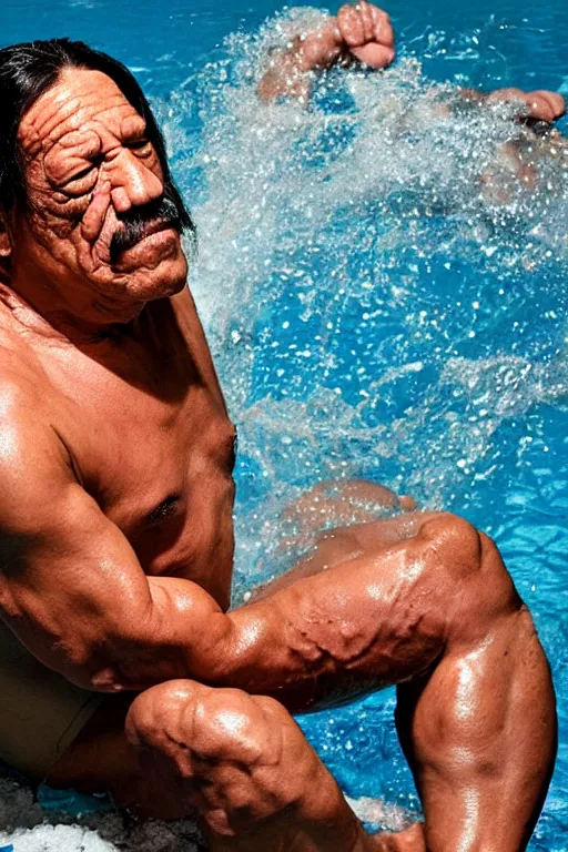 Prompt: danny trejo swimming in a pool of baked beans, realistic, moody grindhouse, dark