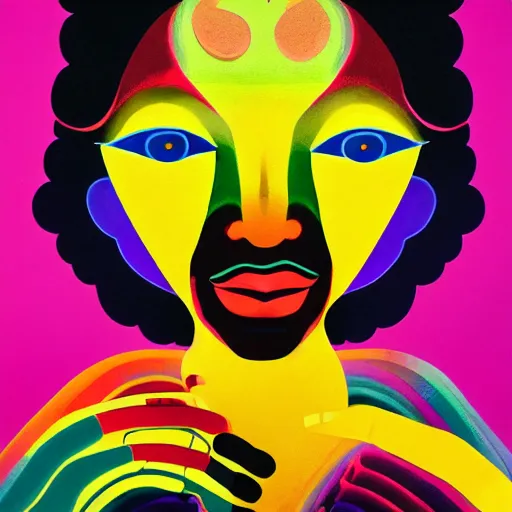 Image similar to a black man with yellow eyes and a dark rainbow background, gouache painting by tomokazu matsuyama, by ed paschke, by agnes pelton, by patrick nagel, behance contest winner, generative art, irridescent, holography, neon, dark art, retrowave, grain, black background