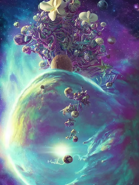 Prompt: round coconut spacerocket in beautiful vanilla orchids flowers galaxy cosmic nebula, epic, style of moebius, vincent di fate, michael whelan, mucha volumetric light, mega detailed, unreal engint 5, beautiful composition, beautiful lighting