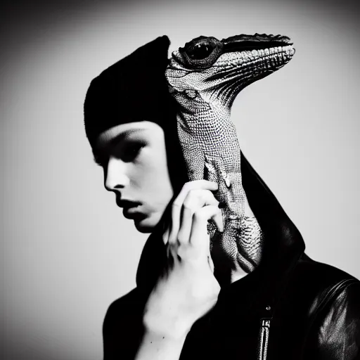 Image similar to fashion photography of a model with the head of a lizard, wearing streetwear fashion, inside berghain, futuristic fashion, photo 3 5 mm leica, hyperdetail, 8 k, very detailed, black and white