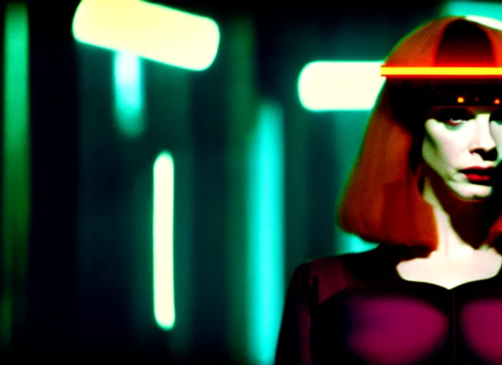 Prompt: filmstill of christina hendricks in bladerunner wearing a cyberpunk costume, 1 0 0 mm lens, canon eos, red cinema camera, frontal view, dynamic pose, intricate, elegant, highly detailed, centered, redshift, octane, smooth, sharp focus, zeiss lens,