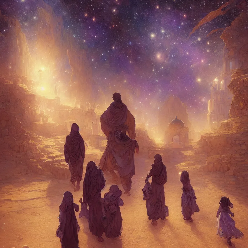 Image similar to bedouin man and woman and child in galaxy walking towards mosque surrounded by nebula, highly detailed, gold filigree, romantic storybook fantasy, soft cinematic lighting, award, disney concept art watercolor illustration by mandy jurgens and alphonse mucha and alena aenami, pastel color palette, featured on artstation