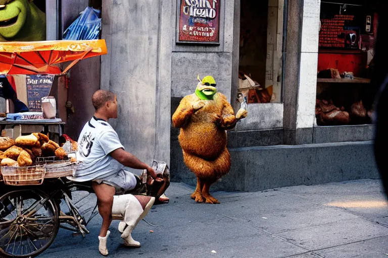 Image similar to closeup potrait of Shrek selling chicken in a new York street, natural light, sharp, detailed face, magazine, press, photo, Steve McCurry, David Lazar, Canon, Nikon, focus