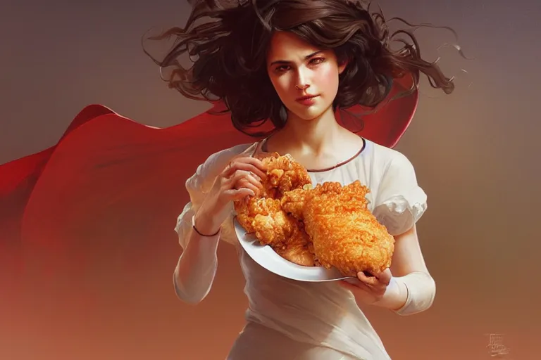 Image similar to kfc chicken, portrait, elegant, intricate, digital painting, artstation, concept art, smooth, sharp focus, illustration, art by artgerm and greg rutkowski and alphonse mucha