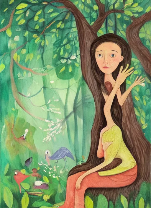 Prompt: a wonderful childrens illustration portrait painting of a woman in a forest with serene emotion, art by tracie grimwood, forest, trees, many leaves, birds, whimsical, aesthetically pleasing and harmonious natural colors