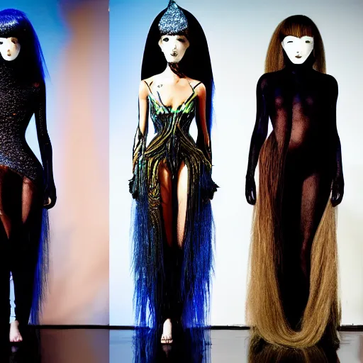 Image similar to haute couture, iris van herpen, mugler, techno mystic, inanna ashteroth with aqua neon rapunzel dreadlocks, nautical siren, princess intergalactica, gateway to futurisma