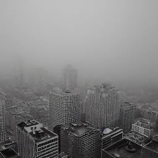 Image similar to a black and white medium shot of a foggy city heavy contrast selective exposure dark heavy black