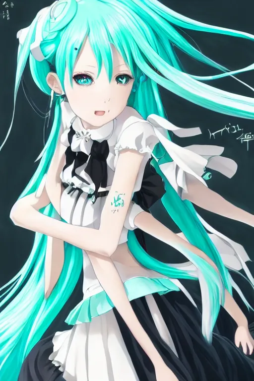 Prompt: miku hatsune on staage, maid dress, extremely detailed eyes, full body shot, epic cinematic shot, modern anime, fantasy, eerie, intricate details, atmospheric, elegant, super highly detailed, professional digital painting, artstation, concept art, 8k, art by artgerm and eiichiro oda and koyoharu gotouge