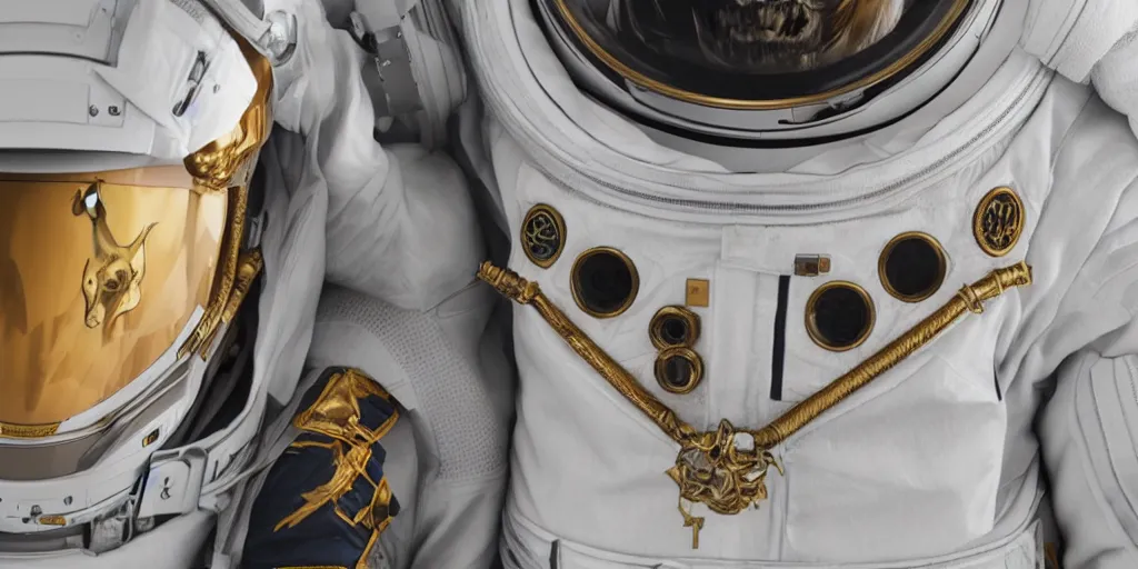 Image similar to ornate deer skull in astronaut suit, gold linens, cinematic lighting, dramatic, octane render, long lens, shallow depth of field, bokeh, anamorphic lens flare, 8k, hyper detailed