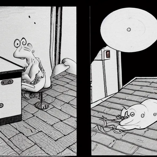 Image similar to dslr of a farside comic person drawn by gary larson, comprehensive 2 d render, perfect symmetry, intricate, masterpiece, grayscale