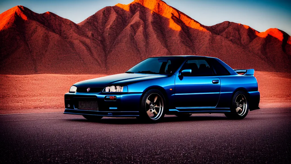 Image similar to three quarter front photo of a stock dark grey nissan r 3 2 skyline gtr on a road in a desert with a mountain in the background in the early morning, car photography, zoom lens, blue hour, photorealistic