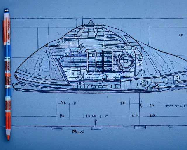 Image similar to blueprint of spaceship, technical drawing on blue notebook, intricate detail, centered with clean background, studio lighting, award winning photography, 8 k