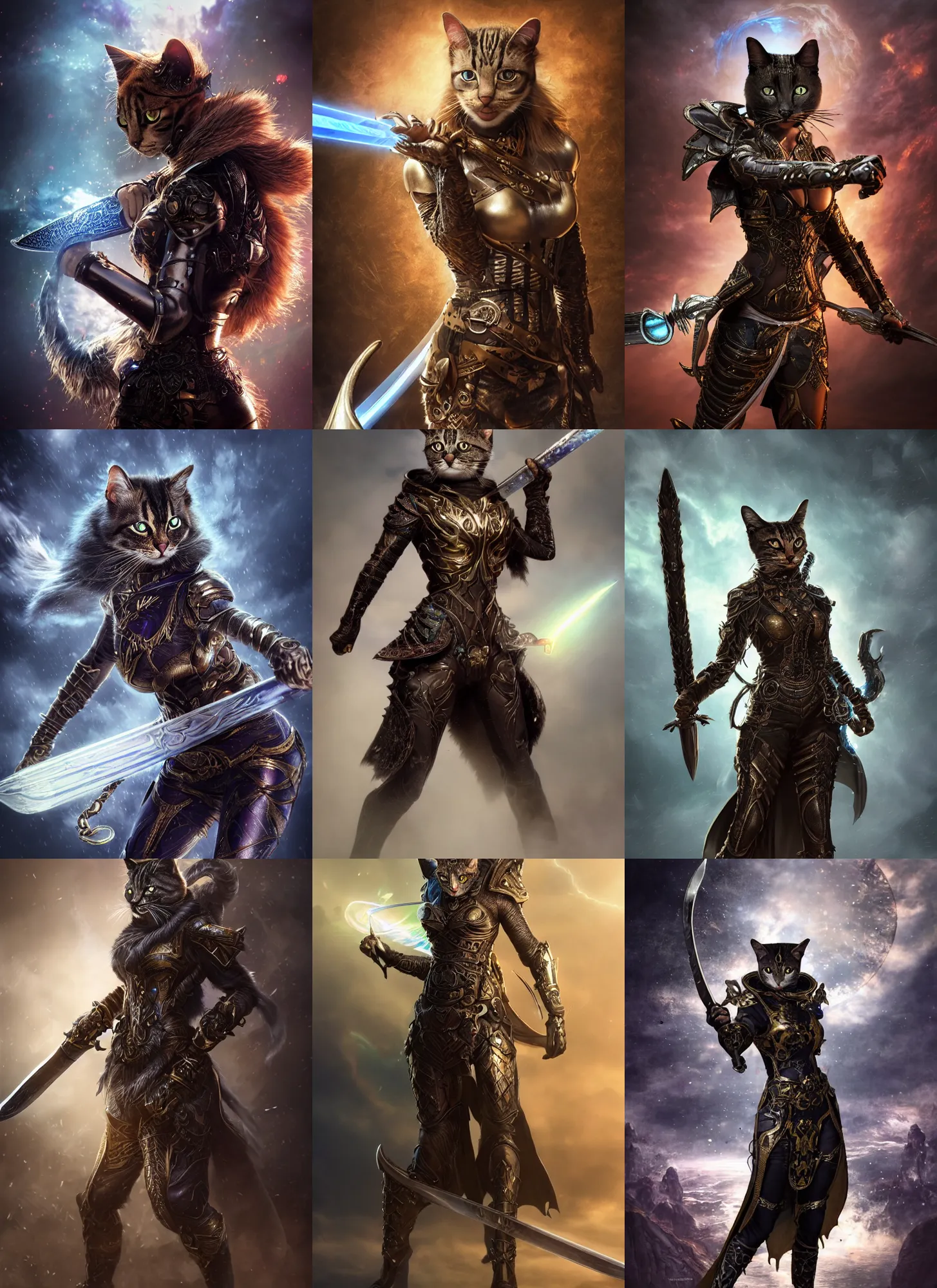 Prompt: , feline cat warrior, super realistic 8 k render of a dark hooded powerful elegant elite cat warrior wearing iridescent steampunk armor brandishing a celestial sword, extremely detailed, iridescent, high quality, epic, futuristic, octane render, beautiful, shimmering, deity leesha hannigan, ross tran, thierry doizon, kai carpenter, ignacio fernandez rios