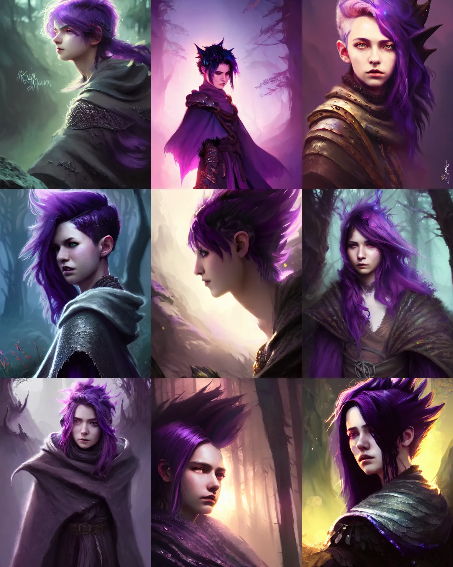 Image similar to cinematic side portrait rugged girl, adventurer outfit large cloak, fantasy forest landscape, dragon scales in hair, fantasy magic, undercut hairstyle, short purple black fade hair, dark light night, intricate, sharp focus, lens flare, bloom, rim light, illustration, highly detailed, digital painting, concept art, matte, art by ruan jia