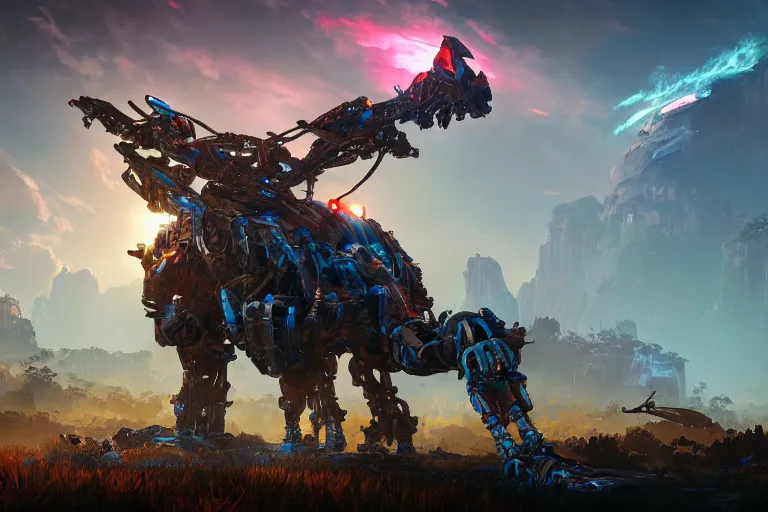 Image similar to thunderjaw machine mecanical creature robot of horizon forbidden west horizon zero dawn bioluminiscence global illumination ray tracing hdr fanart arstation by ian pesty and alena aenami artworks in 4 k