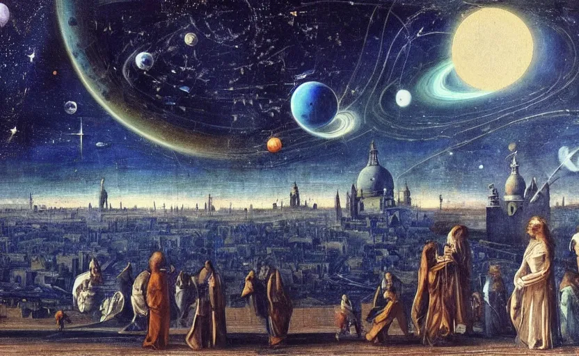 Image similar to scene from cosmologica a scifi movie by luchino visconti with mastroianni leaving the medieval cosmos to enter new universe. venice in the background. blue sky with a lot of stars and planets. cinematic, technicolor, photorealistic, direct lighting, highly intricate, extremely realistic in the style of ( ( ( renaissance cosmological painting ) ) ).