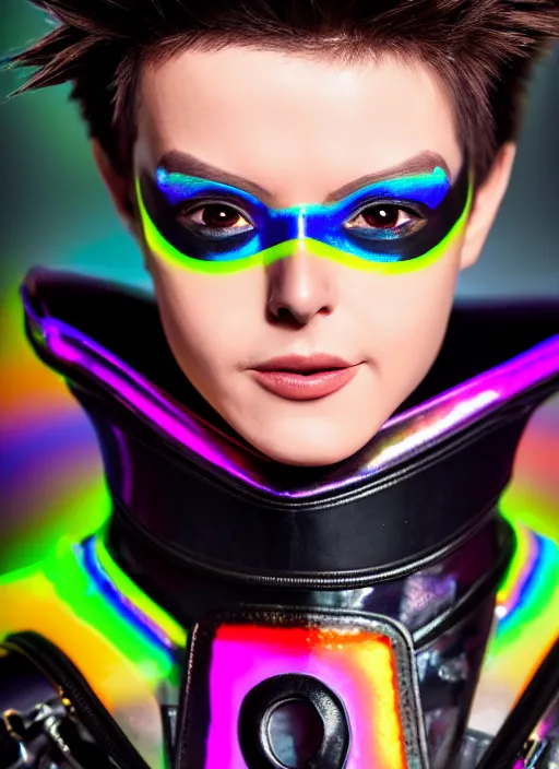 Image similar to hyperrealistic style portrait of tracer overwatch, confident pose, wearing black iridescent rainbow latex, rainbow, neon, 4 k, expressive happy smug expression, makeup, in style of mark arian, wearing detailed black leather collar, wearing sleek armor, black leather harness, expressive detailed face and eyes,