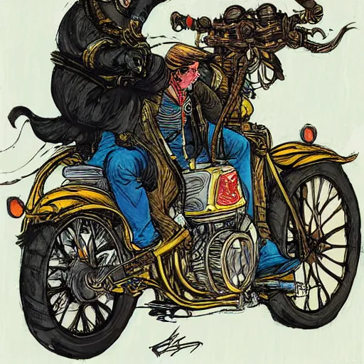 Prompt: elephant riding a motorcycle, art by rebecca guay