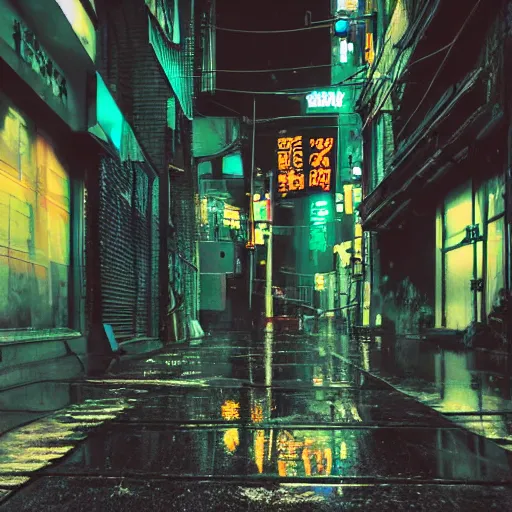 Prompt: a rainy cyuberpunk neo tokyo alley with a black cat sleeping on a piece of cardboard on the floor, photo, 4 k