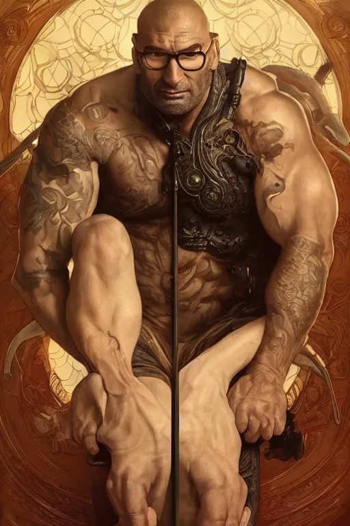 Image similar to dave bautista as frank reynolds, masterpiece, intricate, elegant, highly detailed, digital painting, artstation, concept art, smooth, sharp focus, illustration, art by artgerm and greg rutkowski and alphonse mucha and uang guangjian and gil elvgren and sachin teng, symmetry!!