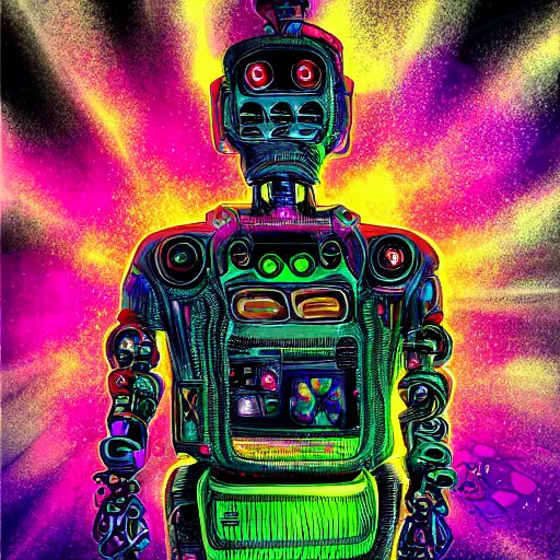 Image similar to black tshirt with a hyperdetailed portrait of a trippy diesel punk robot, 8 k, symetrical, flourescent colors, multicolored,