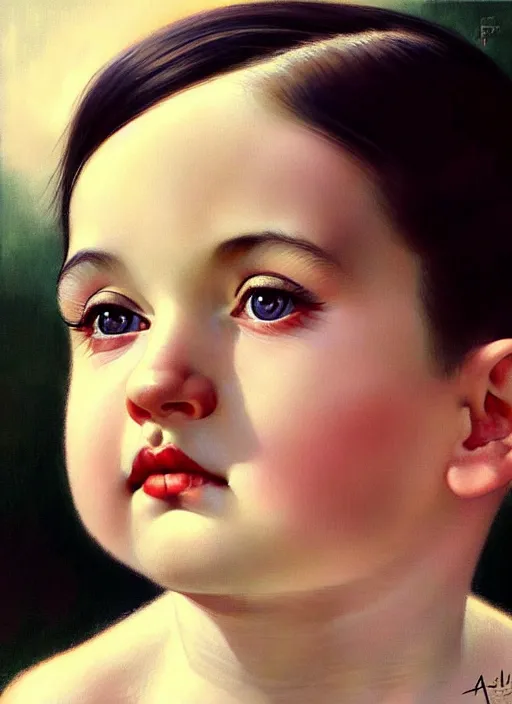 Prompt: Hitler as a baby, beautiful, pearlescent skin, natural beauty, seductive eyes and face, elegant, natural beauty, very detailed face, seductive lady, full body portrait, natural lights, photorealism, summer vibrancy, cinematic, a portrait by artgerm, rossdraws, Norman Rockwell, magali villeneuve, Gil Elvgren, Alberto Vargas, Earl Moran, Enoch Bolles