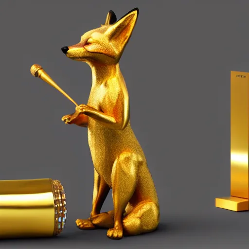 Image similar to gold plated statue of a fox rapping into a microphone trending on artstation