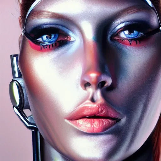 Image similar to cyborg fashion model close - up, hyperrealism oil painting, matte