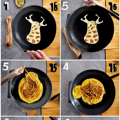 Image similar to making of an edible giraffe from noodles and soy sauce in 4 steps, each step is a progression from the last, from the beautiful'how to make food art step by step collection ', dslr