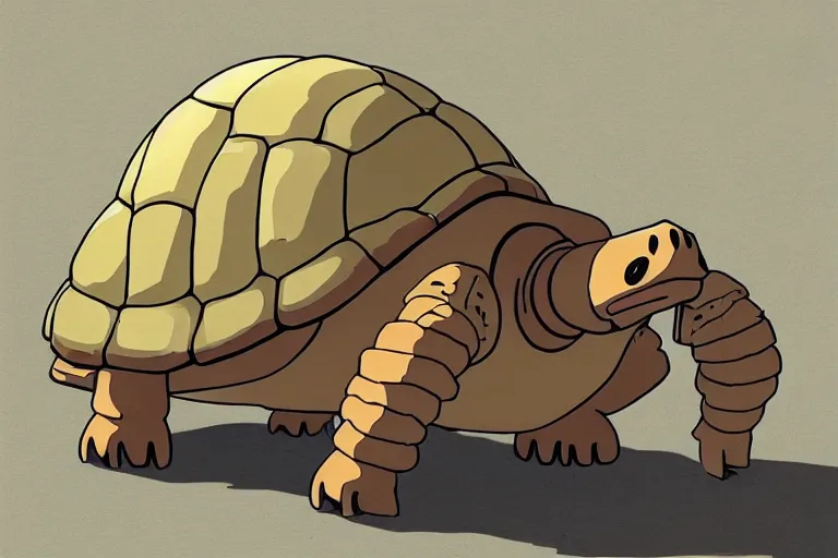 Image similar to a study of a cell shaded cartoon of a beige mechanical tortoise from howl's moving castle ( 2 0 0 4 ), at a gas station, full body, wide shot, very muted colors, post grunge, studio ghibli, laurie greasley, highly detailed, deviantart, art by artgem