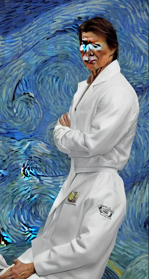 Image similar to Tom Cruise in white lab coat by Van Gogh