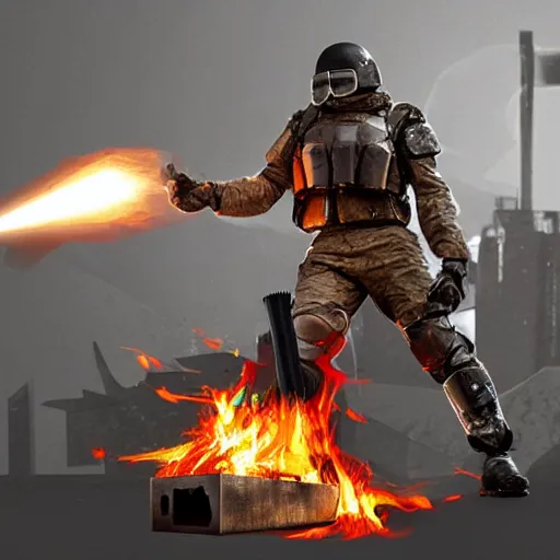 Image similar to angry man in juggernaut armor burning a desktop tower pc with a military flamethrower